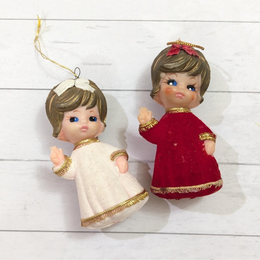 Vintage MCM Flocked Plastic Blow Mold Christmas Ornaments Angels 1960's Lot of 2